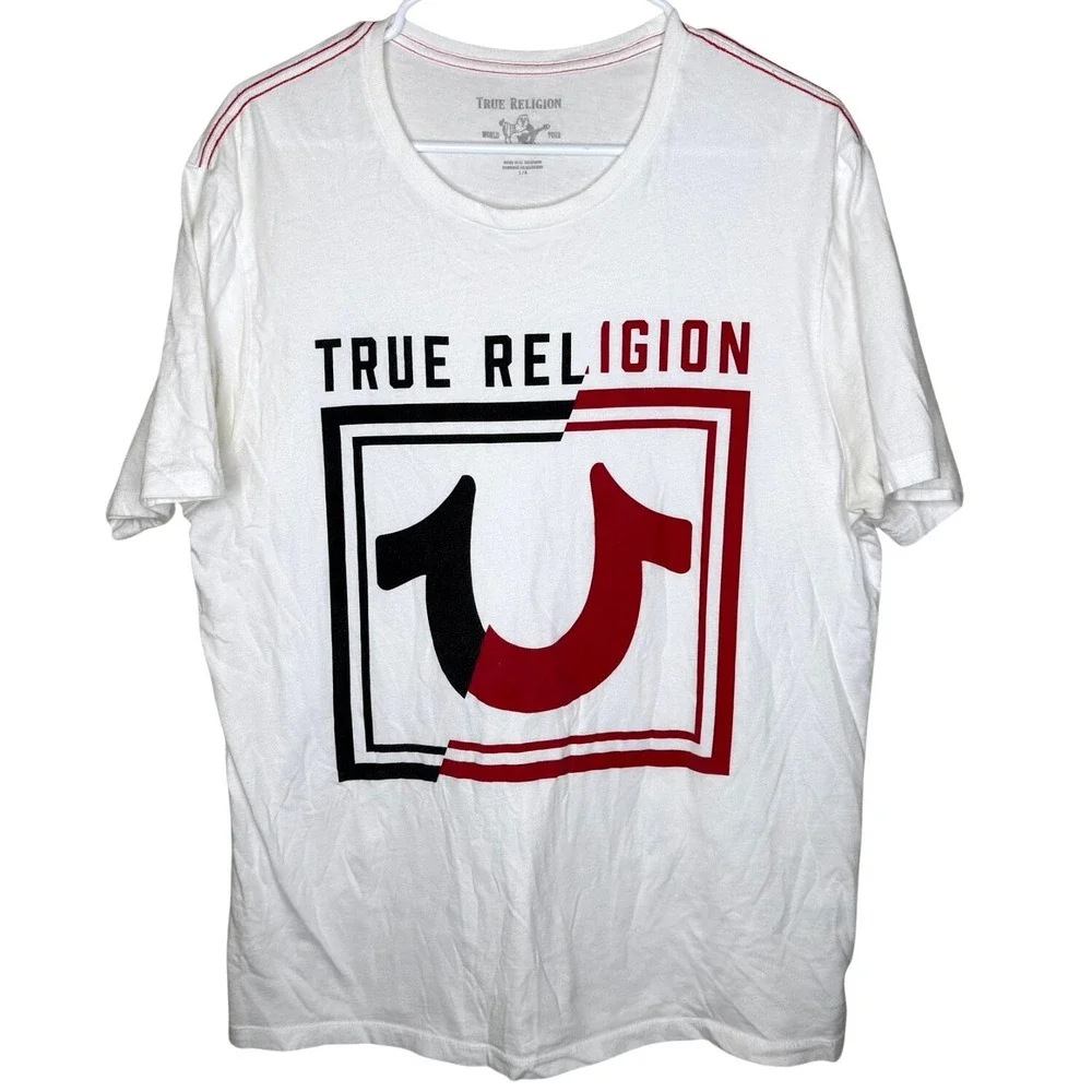 True Religion Mens White Horseshoe Logo Graphic T-Shirt Red Black Size Large